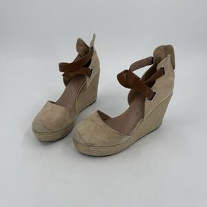Piepiebuy Women's 8.5 Beige Suede Espadrille Wedge Sandals Ankle Strap Platform